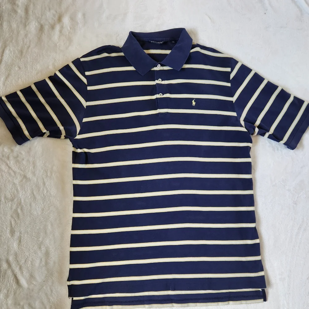 Vtg Polo Golf Ralph Lauren Mens XL Striped Navy Yellow‎ White Pima Cotton